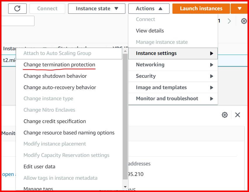 Picture showing enabling the termination protection for existing ec2 instance